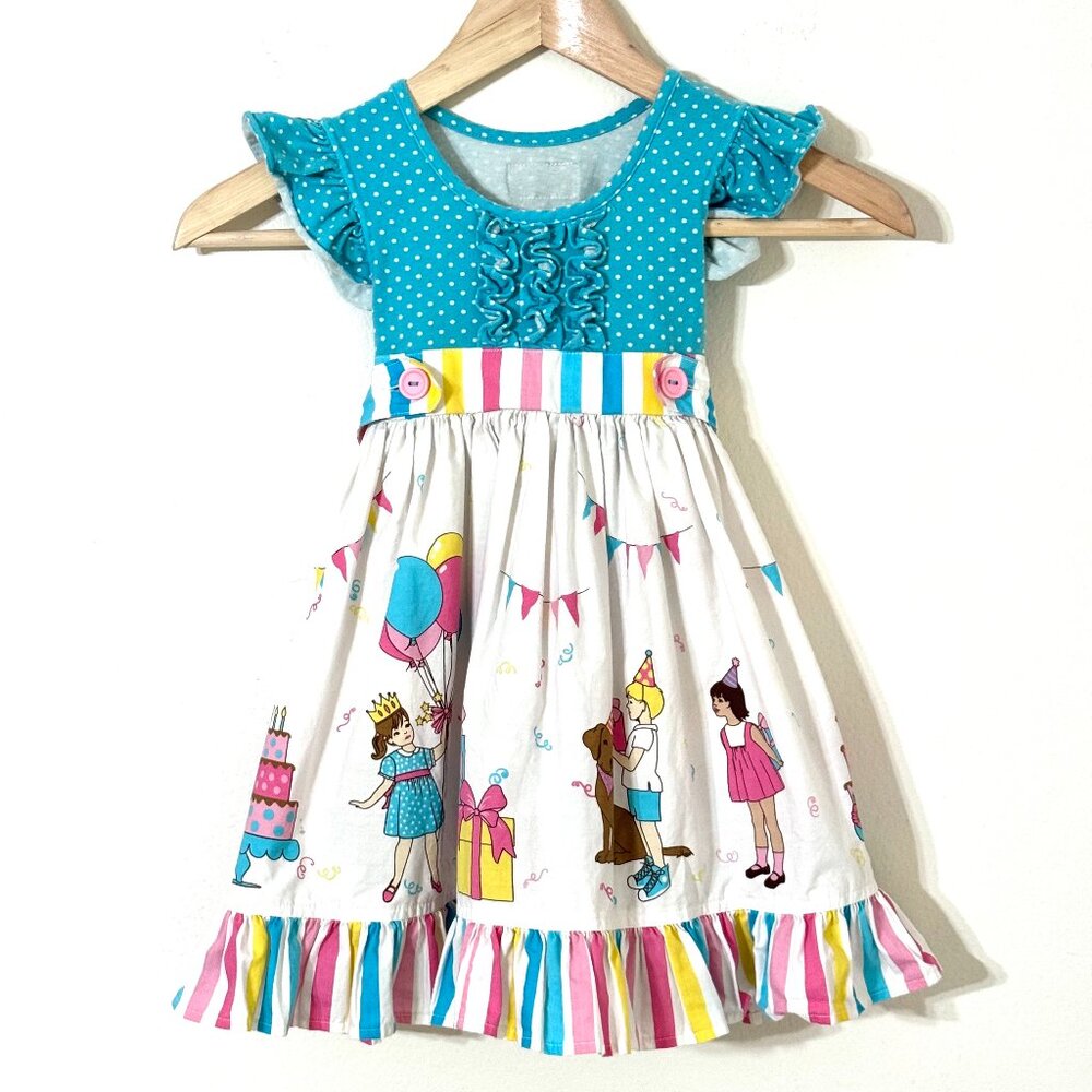 Eleanor Rose Lyla Birthday Dress Girls 3/4 Ruffle Tie Bow Cake Balloons Dogs